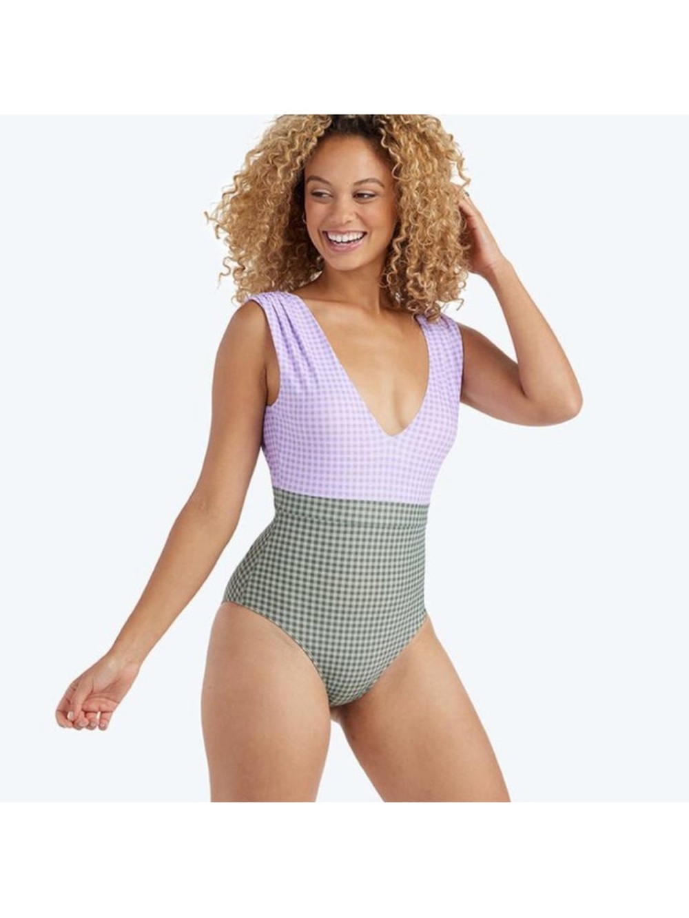 Summersalt Women Gingham Ruched Backflip One Piece Swimsuit Lavender Ivy Size 10